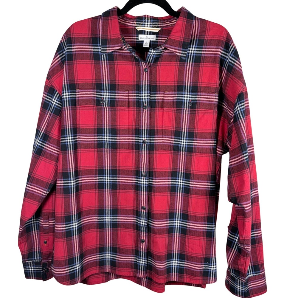 LL Bean Signature Mens XL Red Black Plaid‎ Flannel Button Down Shirt Herringbone